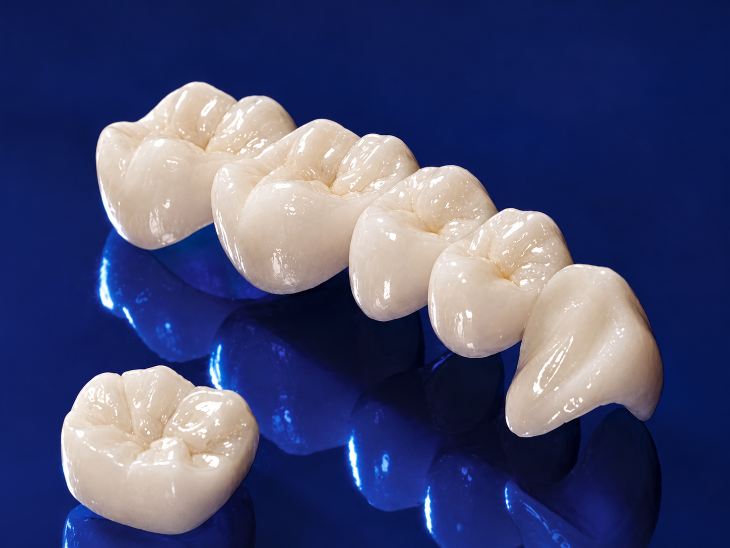 O coroană individuală și o punte dentară, pe fond albastru